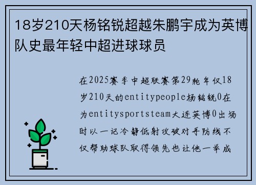 18岁210天杨铭锐超越朱鹏宇成为英博队史最年轻中超进球球员 18岁210天杨铭锐超越朱鹏宇成为英博队史最年轻中超进球球员