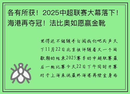 各有所获！2025中超联赛大幕落下！海港再夺冠！法比奥如愿赢金靴
